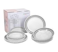 FESTA ITALIA Vajilla Vidrio Opal 18 Piezas 6 Personas, Rombos y Gotas | Juego de platos de vidrio opal con rombos y gotas - borde decorativo y tres formatos coordinados