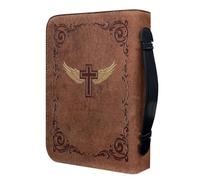 FESTFENDS Estuche para Biblia de Piel Sintética Pu con Cremallera y Diseño de Cruz y Alas, Bolso de Mano Marrón Vintage para Uso Académico y Viajes con Protección Completa