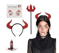 Festicy Diadema Diablo con Tridente y 25 ml de sangre falsa I Pegatina para disfraces de Halloween para mujer, hombre y niño I Diablo rojo reutilizable para Halloween