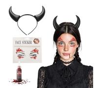 Festicy Diadema Diablo Halloween I Cuernos negros con 25 ml de sangre falsa y pegatinas para la cara I Diablo Halloween para mujer, diablo Halloween para niño y hombre, para disfraces de Halloween