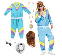 Festicy disfraz adulto años 80 hombre y mujer, talla XL I incluye chandal retro top, pantalones, peluca mullet, cadena de oro y gafas de sol I traje años 80 edición hombre 2024