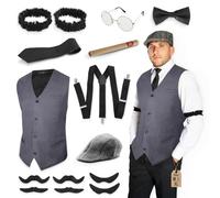 Festicy Disfraz años 20 hombre I Disfraz de gángster con chaleco en L, tirantes, corbata, boina, pajarita, bigotes y más I Disfraz adulto carnaval disfraces hombre carnaval I 1920s Gatsby accesorios