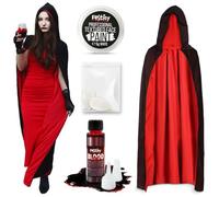 Festicy Set Disfraz Vampiro Halloween 2026 I Capa Drácula 140cm con Capucha Rojo y Negro, Sangre Falsa 25 ml, Colmillos de Vampiro, Maquillaje Blanco I Disfraz Halloween Niño Disfraz Halloween Niña