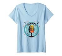Festival de música de micrófono Retro de la Serie de conciertos de Verano Camiseta Cuello V, Mujer, Azul Bebé, L