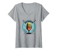 Festival de música de micrófono Retro de la Serie de conciertos de Verano Camiseta Cuello V, Mujer, Gris Jaspeado, L