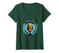 Festival de música de micrófono Retro de la Serie de conciertos de Verano Camiseta Cuello V, Mujer, Verde Bosque, L