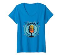 Festival de música de micrófono Retro de la Serie de conciertos de Verano Camiseta Cuello V, Mujer, Zafiro, L