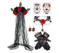 Festival Masquerade Tengit - Day of the Dead Jewelry, Lace Guantes Veil, Gothic Collar Hebillas accesorio de escenario, decoración de fiesta de cosplay | Festival Masquerade Ay of the Dead Design for