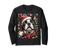 Festive Boston Terrier con Gorro de Papá Noel, Invierno, Navidad Perro Manga Larga