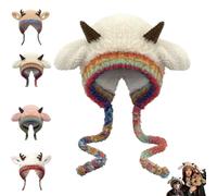 Festive Christmas Antler Hat,Winter Warm Fuzzy Horns Sheep Beanie,Windproof Foldable Cute Deer Knitted Cap with Ears (White)