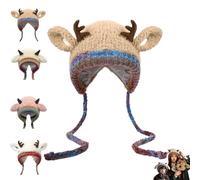 Festive Christmas Antler Hat,Winter Warm Fuzzy Horns Sheep Beanie,Windproof Foldable Cute Deer Knitted Cap with Ears (Khaki)