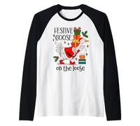 Festive Goose on The Loose Christmas Duck Xmas Holiday Goose Camiseta Manga Raglan
