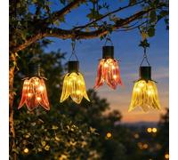 Festive Lights Juego de 4 farolillos solares de tulipanes para exteriores, lámparas solares de flores, farolillos colgantes, lámparas solares de jardín, para exteriores, iluminación de jardín