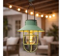 Festive Lights - Linterna colgante solar verde de 21 cm con efecto de filamento blanco cálido LED - Aspecto de metal rústico antiguo, clasificación IP44, luz decorativa de jardín al aire libre