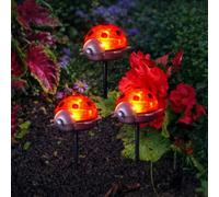 Festive Lights - Paquete de 3 luces solares de 14 cm con forma de mariquita roja para jardín al aire libre, 3 LED blancos brillantes, picos de tierra de metal, clasificación IP44, sensor de atardecer