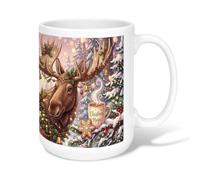 Festive Moose Winter Woodland - Taza de café de cerámica, 425.2 g | Bosque de pinos nevados, taza de café, bayas de acebo, campanas doradas, galletas de jengibre, ilustración de taza al vapor