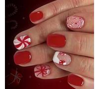 Festive Press on Nails 24PCS Candy Cane Snow Art Winter ABS Fake Nails Quick Wear for Christmas-Events Snow House Press on Nail