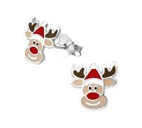 Festive Rudolf - Pendientes de tuerca de plata de ley con diseño de reno y nariz roja con caja de regalo, joyería de Navidad, talla única, Plata de ley, Sin piedra preciosa