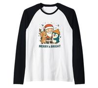 Festive Smiles Santa Penguin Rindeer Design Camiseta Manga Raglan