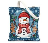 Festive Snow Man - Bolsa de lona para vacaciones de invierno, 33 x 38 cm | Bayas de acebo, hombre de jengibre, galletas de estrella, bufanda a cuadros, copos de nieve de invierno
