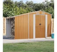 Festnight Caseta Jardin Exterior Metalica, Cobertizo Jardin Exterior de Acero Galvanizado, con Leñero y Salidas de Ventilación, Cobertizos para Herramientas, Marrón Claro 277x192.5x179 cm