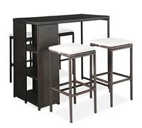 Festnight Juego de Bar de Mimbre para Exteriores de 5 Piezas, Mesas Altas y 4 Taburetes con Cojines, Muebles de Bar Jardín Exterior, Mesa con Tapa Lisa y Estante de Almacenamiento Marrón