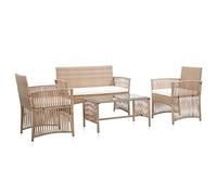 Festnight Juego de Muebles de Jardín de Ratán, 4 Piezas, Conjunto Jardin Exterior con Cojines,Muebles de Mimbre para Patio, 2 Sillones, 1 Sofá y 1 Mesa Tablero Cristal,Incluye Cojines(Beige)