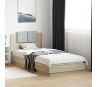 Festnight Marco de Cama 100 x 200 cm con Cabecero Tapizado Cama con Luces LED y Somier Soporte de Láminas de Madera Base De Cama, Estructura Cama Roble Sonoma