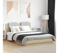 Festnight Marco de Cama 120 x 200 cm con Cabecero Tapizado Cama con Luces LED y Somier Soporte de Láminas de Madera Base De Cama, Estructura Cama Roble Sonoma