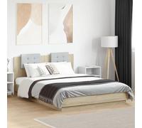 Festnight Marco de Cama 140 x 200 cm con Cabecero Tapizado Cama con Luces LED y Somier Soporte de Láminas de Madera Base De Cama, Estructura Cama Roble Sonoma