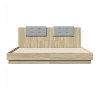 Festnight Marco de Cama 200 x 200 cm con Cabecero Tapizado Cama con Luces LED y Somier Soporte de Láminas de Madera Base De Cama, Estructura Cama Roble Sonoma
