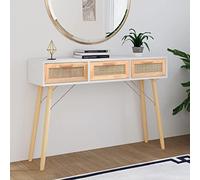Festnight Mesa Consola Recibidor Mueble de Entrada Mesa de Consola con 3 cajones Mesa de Entrada Madera Pino y Ratán Natural Mesa Auxiliar para Pasillo, Dormitorio Blanco 105 x 30 x 75 cm