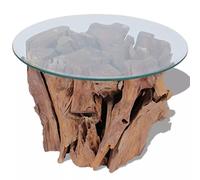 Festnight- Mesa de café Redonda, diámetro de 60 cm, Tablero de Cristal y Madera de Teca, Mesa Auxiliar, Mesa de café, Mesa de salón