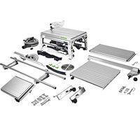 Festool - Sierra de mesa CS 70 EBG Set PRECISIO (con hoja de sierra circular, mesa deslizante, tope longitudinal, tope angular, kit de succión, empujador, garaje de accesorios, soporte con rodillo