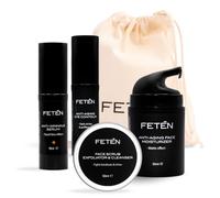 FETĒN Set 360 Cuidado Facial Hombre - Pack Regalo Hombre 4 en 1 con Exfoliante, Sérum Antiarrugas con Vitamina C, Crema Hidratante y Contorno de Ojos Antiojeras