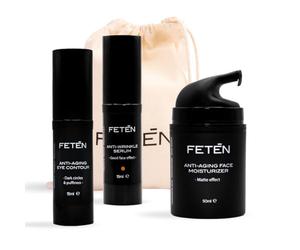 FETEN Skincare Pack Regalo para Hombre - Set Antiedad Hidratante con Crema Facial Antiarrugas, Contorno de Ojos Antiojeras y Sérum de Vitamina C, Kit Cosmética y Cuidado Personal para Hombres