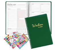 Fettwal Agenda semanal sin fecha, A5, agenda semanal con lista de tareas, 4 pegatinas, 52 hojas en alemán con tapa dura (verde oscuro)