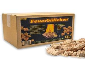 Feuerbällchen - El Original - para encender Estufas de Azulejos, Chimenea, Estufa, Barbacoa, Hoguera - de Productos Naturales Puros - Resistente a la Humedad - Caja de 2,5 kg (Aprox. 200 Unidades)