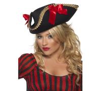 Fever Sombrero de Pirata Mujer Deluxe Negro con Lazos Disfraz Accesorio