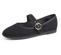 Feversole Women's Soft Breathable Mary Jane ，Mujer Zapatillas Merceditas Mary Jane de Pana Negro con Hebilla Redonda Forro de Piel 39 EU
