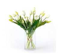 FEWDSCA Flores Artificiales Ramo de Tulipanes Y Jarrón de Vidrio Conjunto Artesanías de Plástico Ramo de Sala de Estar Adecuado para Fiesta de Vacaciones Oficina de Bodas Flores Falsas/White