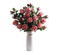 FEWDSCA Flores Artificiales Rosa Rose Bouquet Set Sala de Estar Mesa de Comedor Arreglo Floral Falso Jarrón de Cerámica Interior Casa Flores Falsas/Rosa Oscuro