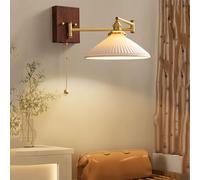 FEWDSCA Latón Basculante Brazo Lámpara de Pared con Sombra de Vidrio Plisado Estilo de Granja Nórdica Luz de Lectura/a