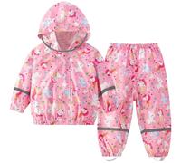 Fewlby Impermeable Niños, Abrigos Impermeables & Pantalones Conjunto de 2 Piezas Chubasquero, Niñas Chaqueta de Lluvia con Capucha Pantalones Impermeables Reutilizable, 3-4 Años