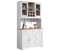 feynoss Aparador de estilo rústico con vitrina, armario alto de 175 cm, 5 puertas y 3 cajones, color blanco con vetas de madera, bisagras de amortiguación, armario de salón como milagro de