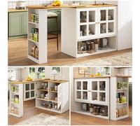 feynoss Estantería para aperitivos giratoria y extensible de 360°, con frontal de cristal, color blanco, 138-204 x 39 x 102,5 cm, mesa auxiliar multifuncional para salón, comedor, dormitorio