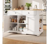 feynoss Isla de cocina blanca (151,5 x 59,7 x 91,7 cm) con regleta y encimera extensible, carrito de cocina con 6 compartimentos y 2 cajones, armario buffet
