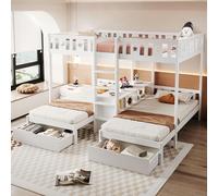feynoss Litera de 3 niveles con escalera y espacio de almacenamiento, cama alta de 140 x 200 cm + 2 camas individuales de 90 x 200 cm, cuna con barandilla y cajones, color blanco