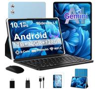 fezawio Tablet de juegos Android 15 de 10,1 pulgadas Gemini AI 30 GB RAM + 128 GB de ROM, Octa-Core 8000 mAh, WiFi6, Widevine L1, GMS, audio de 3,5 mm, GPS, Face ID con teclado, ratón y funda, azul