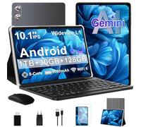 fezawio Tablet de juegos Android 15 de 10,1 pulgadas Gemini AI 30 GB RAM + 128 GB de ROM, Octa-Core 8000 mAh, WiFi6, Widevine L1, GMS, audio de 3,5 mm, GPS, Face ID con teclado, ratón y funda, gris